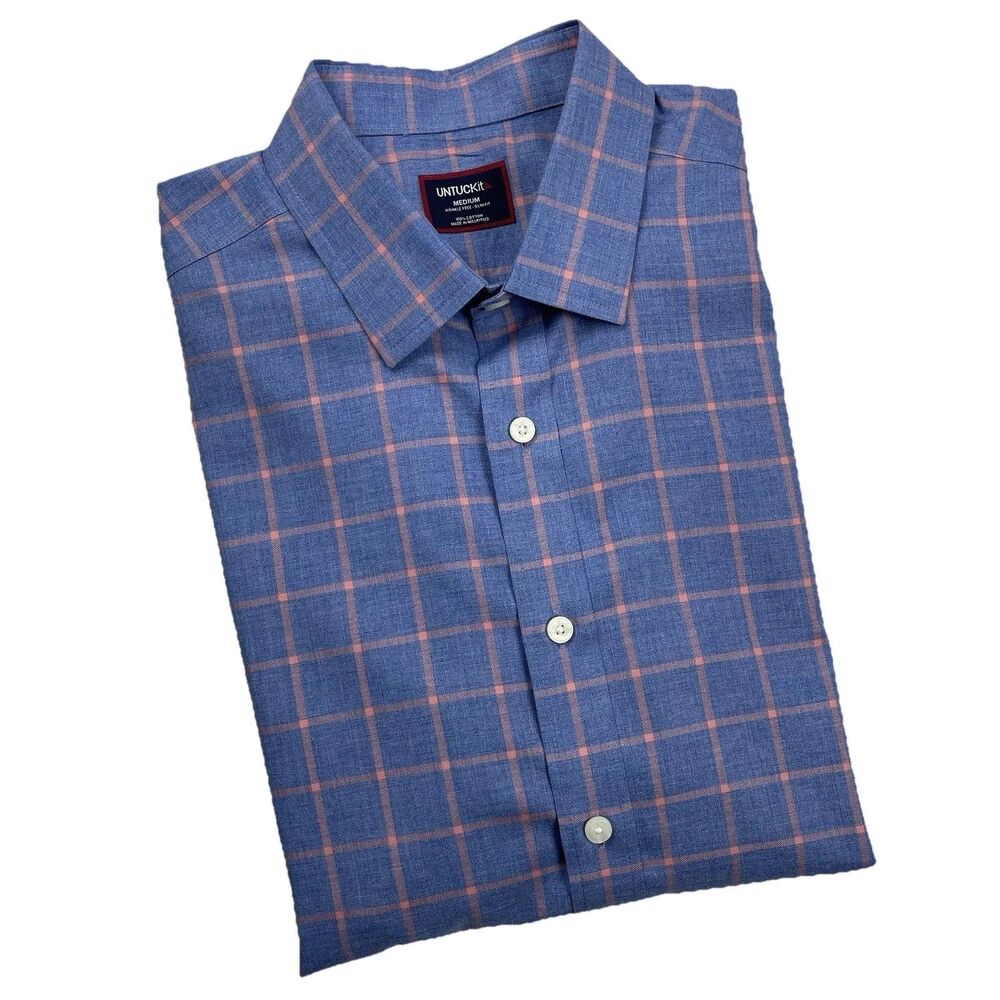 Untuckit Men’s Long Sleeve Button Up Blue Pink Check- M